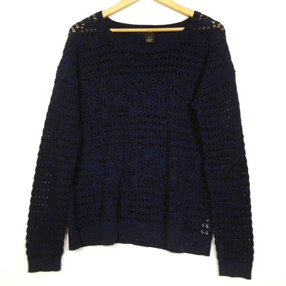 DKNY Crochet Knit Navy Long Sleeve Tunic Sweater - Picture 2 of 8